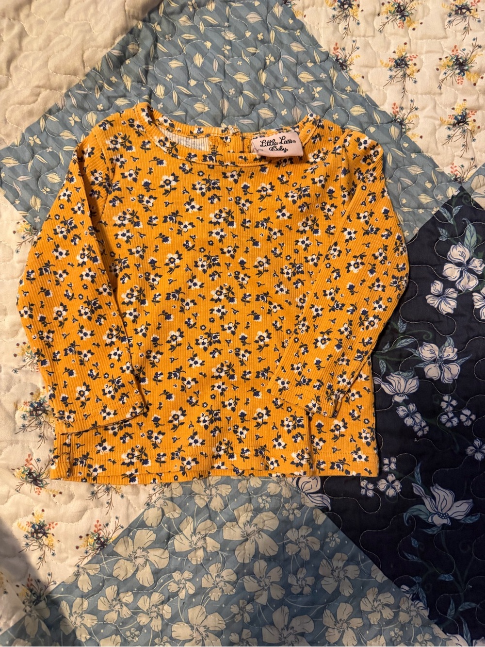 Little Lass Mustard Yellow Floral Ribbed Long-Sleeve Tee